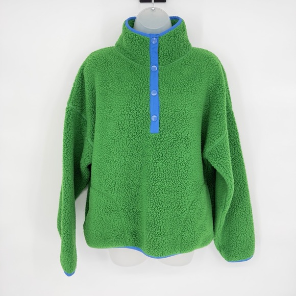 J.Crew Sz L Polartec Sherpa Vintage Fleece Green Half-Snap Mockneck Pullover - Picture 2 of 7